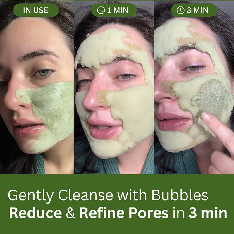 The mask just applied, at one minute, and at three minutes when it has foamed