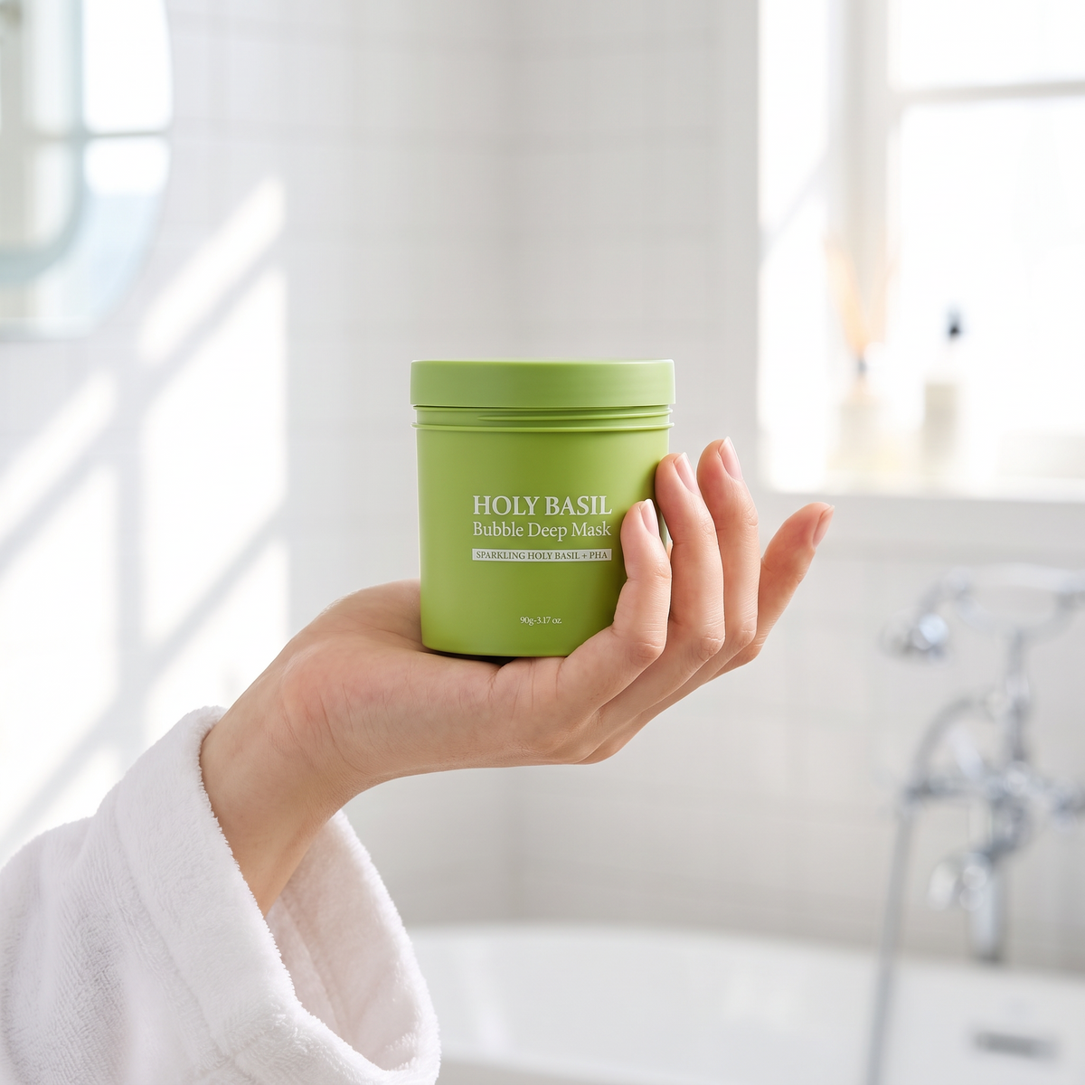 A hand holding the 90 g jar to show its size