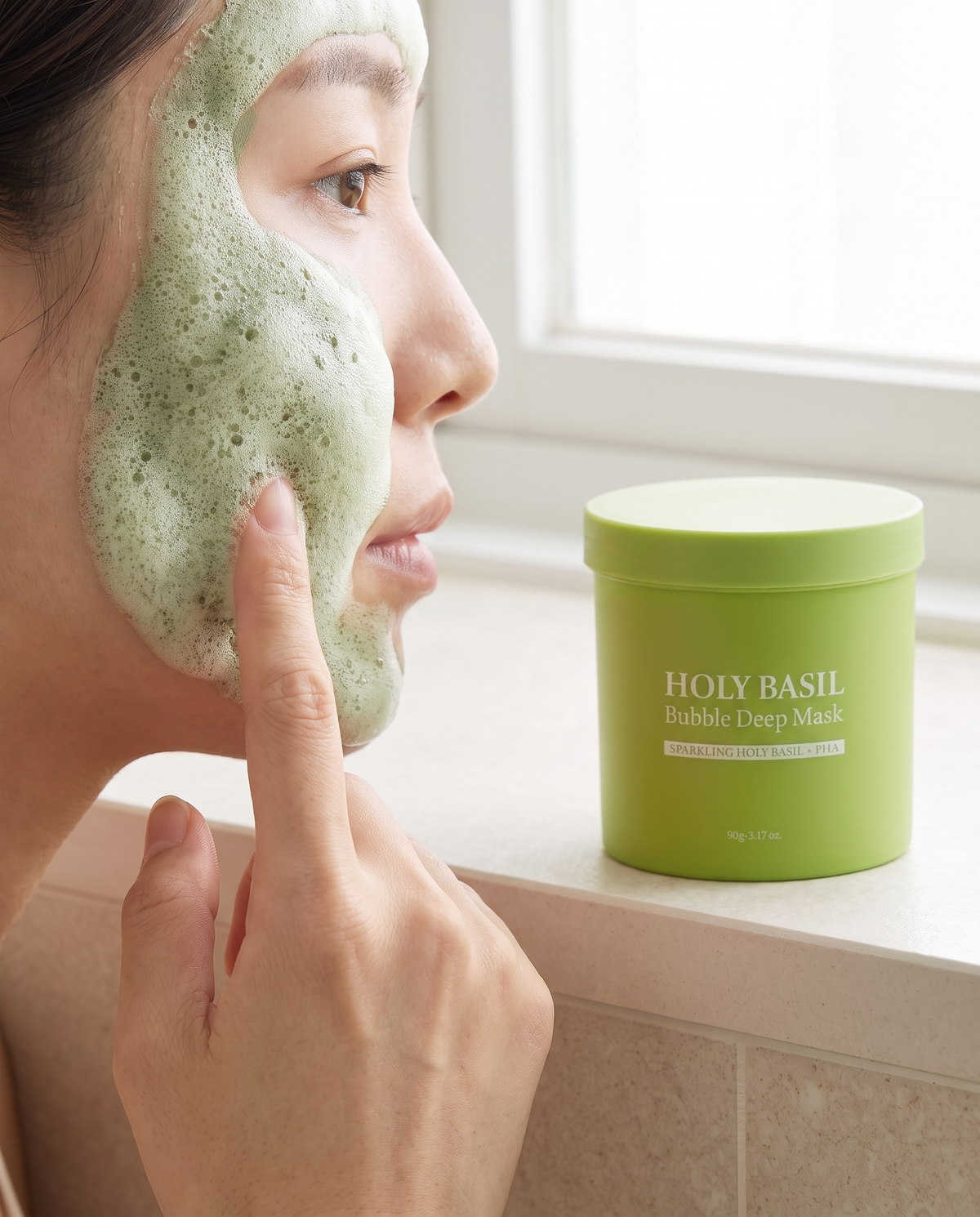 Step 2: within a minute the mask starts to fizz, and by about 3 minutes it's a full pale-green foam